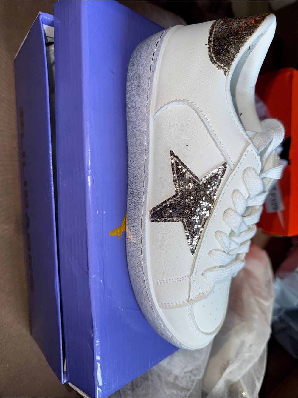 White Leather Women’s Sneakers with Silver Glitter Star Accent